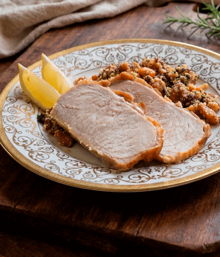 Farofa de abacaxi caramelizado com Lombo Suíno Frimesa
