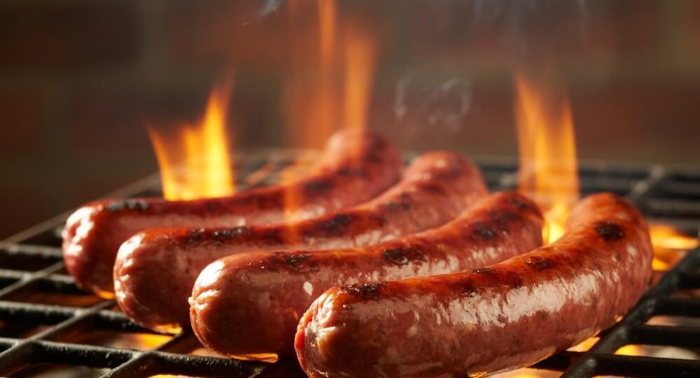 Quatro linguiças suculentas assando em uma grelha de churrasco. As linguiças apresentam um tom dourado e brilhante, com ligeiras marcas de tostado do calor. Ao fundo e entre os cortes, sobem chamas vivas e alaranjadas vindas do fogo da churrasqueira.