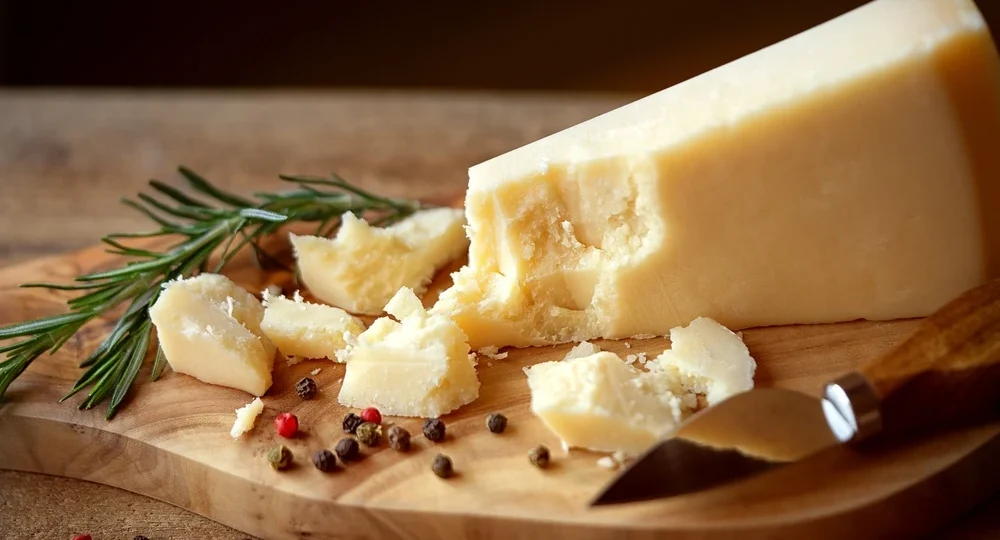Um pedaço triangular de queijo parmesão Frimesa de textura firme, seca e quebradiça, apoiado sobre uma tábua de corte de madeira rústica. À frente da peça principal, há pequenos pedaços irregulares do queijo recém-quebrados. O cenário apetitoso é complementado por um ramo de alecrim fresco, grãos de pimenta colorida espalhados pela tábua e uma pequena faca com cabo de madeira, própria para cortar queijos duros.