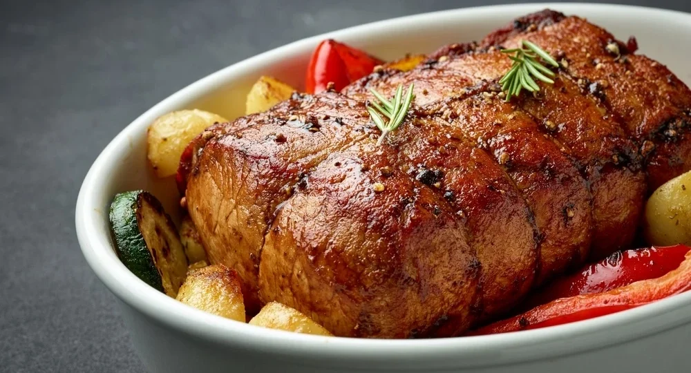 Uma suculenta peça de lombo suíno Frimesa assada. A carne exibe uma crosta dourada, brilhante e bem temperada, finalizada com ramos de alecrim fresco por cima. Ela está servida dentro de uma travessa de cerâmica branca, acompanhada e rodeada por apetitosos legumes assados, como pedaços de batata, pimentão vermelho e abobrinha, tudo sobre um fundo escuro e elegante.