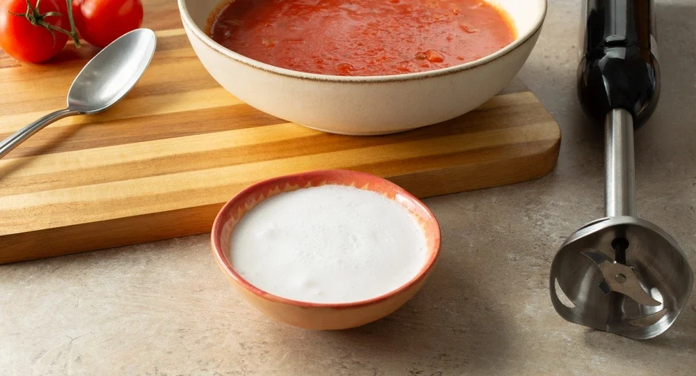 Uma composição culinária sobre uma bancada clara. Em destaque ao fundo, uma tigela rústica com uma sopa ou molho de tomate vermelho, quente e encorpado, apoiada sobre uma tábua de corte de madeira ao lado de três tomates frescos no ramo e uma colher de metal. Logo à frente, há uma pequena tigela redonda contendo um Creme de Leite Frimesa perfeitamente branco, liso e aveludado. À direita da cena, repousa um mixer de mão de aço inox com cabo preto, pronto para ser usado no preparo.